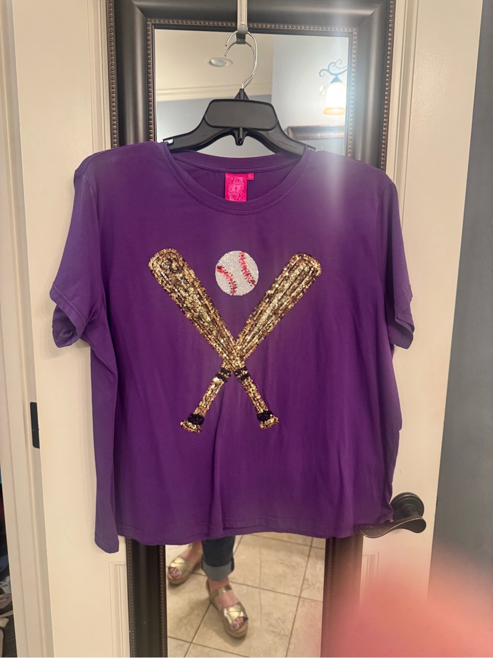 QUEEN OF SPARKLES Purple Tee with Gold Sequin Baseball Bats